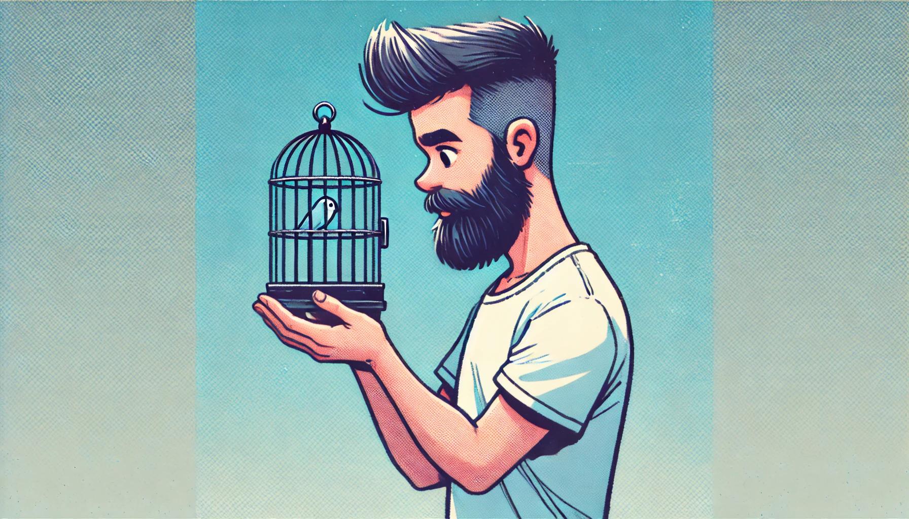 Homme barbu gay tenant une cage
